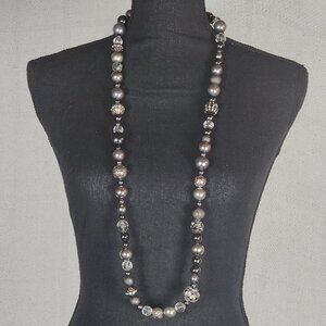 Chico's Gunmetal Filigree Crystal Ball Pewter Silver Faux Pearl 41" Necklace